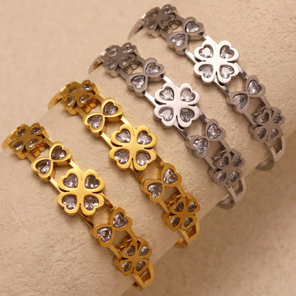 18k gold & silver plated 5A zircon heart four-leaf flower bangle set: versatile luxury collection