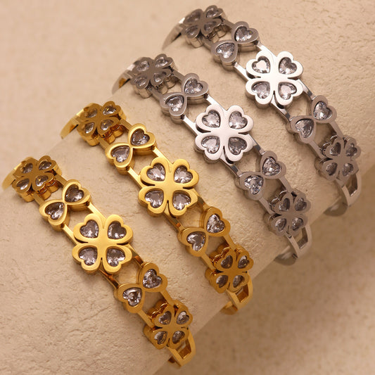 18k gold & silver plated 5A zircon heart four-leaf flower bangle set: versatile luxury collection