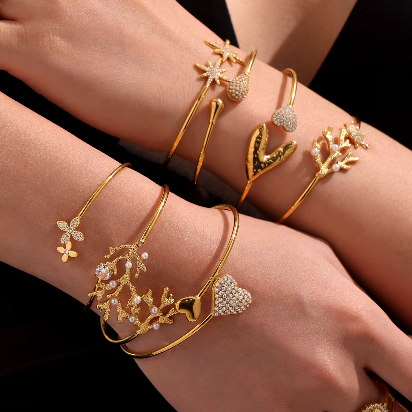 Double stack 18k gold plated 5A zircon heart star bangle set, detailed design on wrists