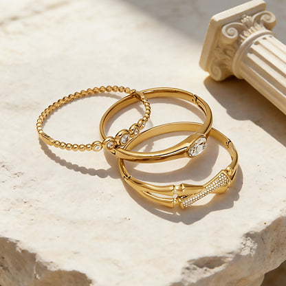 18k gold plated 5a zircon stainless steel bracelet set displayed on stone, versatile office jewelry