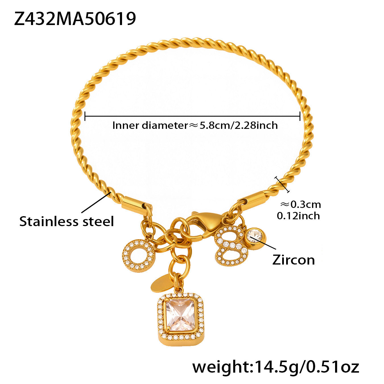 Gold 18k gold plated 5A zircon twist DIY bangle: 5.8cm inner diameter 14.5g weight stainless steel multi-charm design