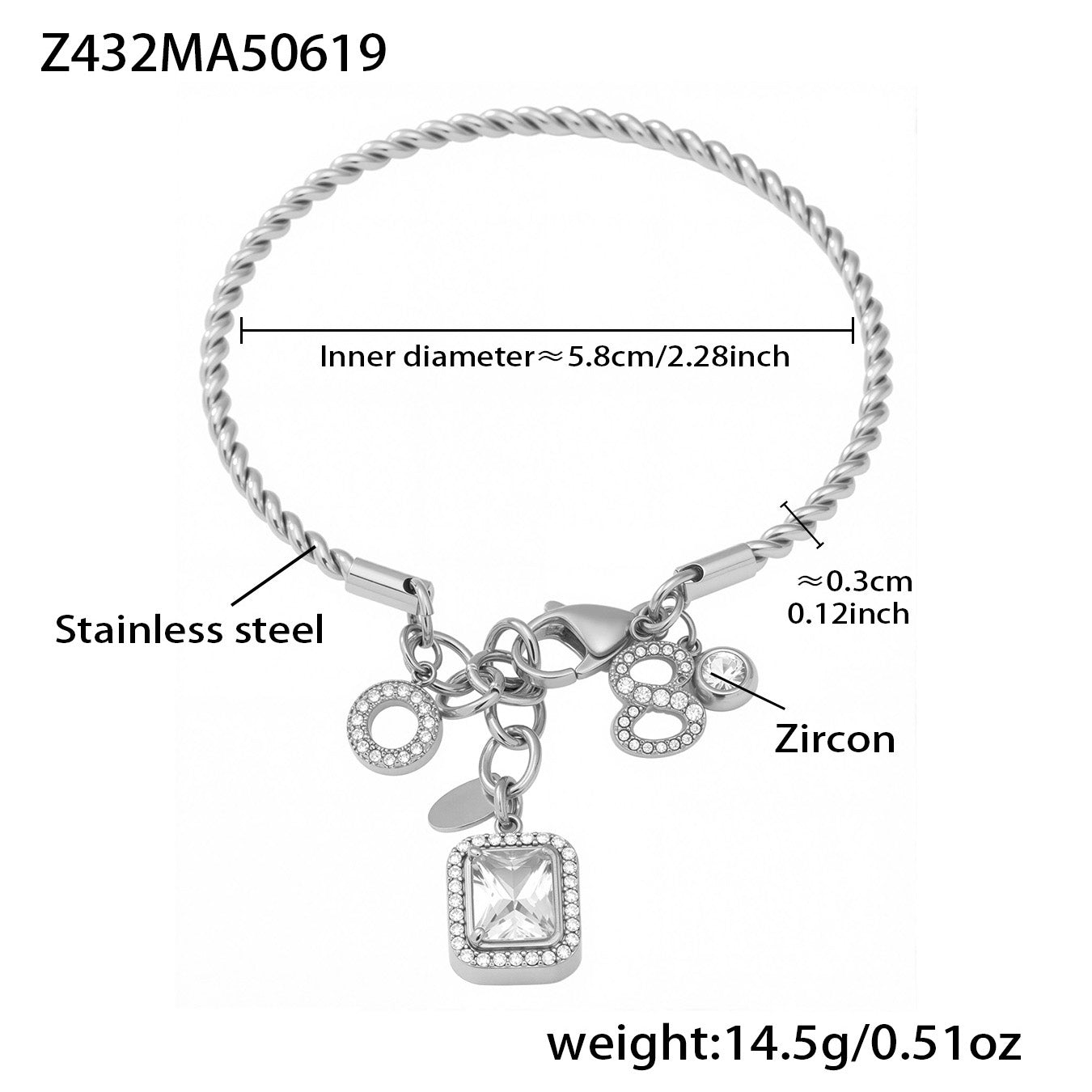 Silver 18k gold plated 5A zircon twist DIY bangle: 5.8cm inner diameter 14.5g weight durable fade-resistant accessory