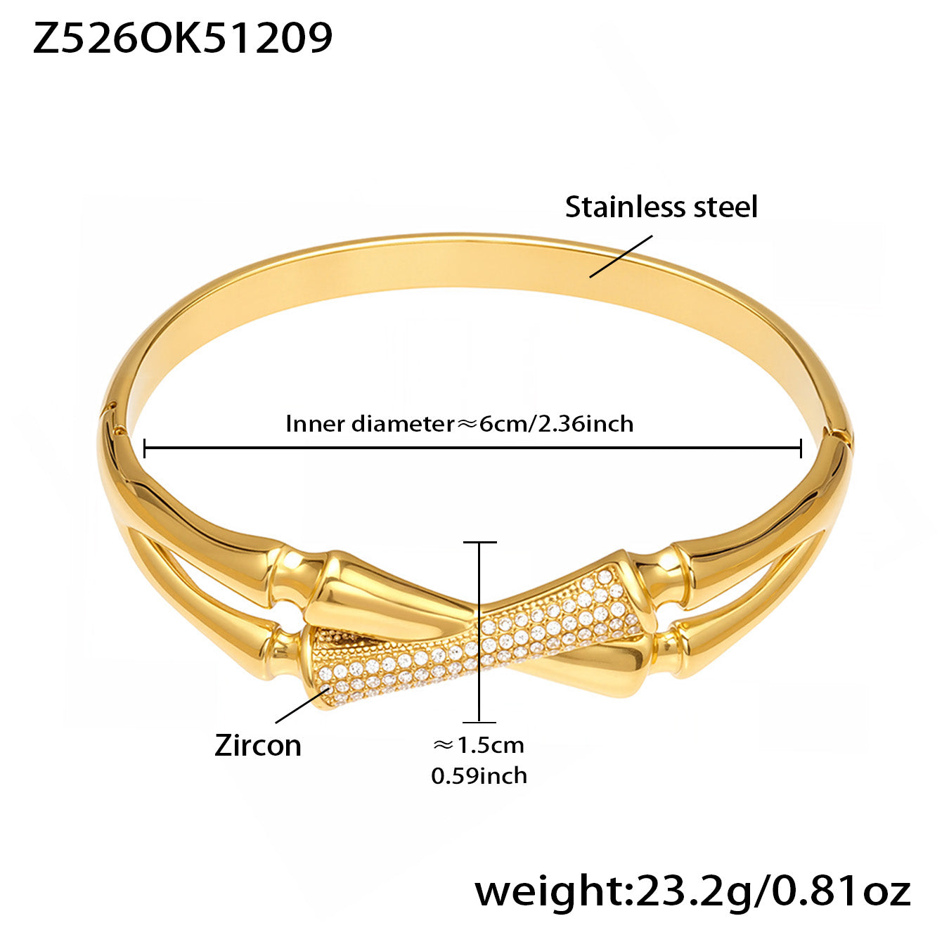 316L Stainless Steel 5A Zircon Clip-On Bangle Set with PVD Gold