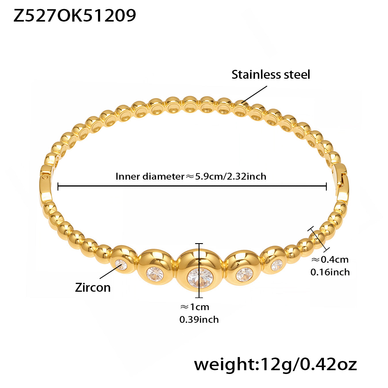 18k gold plated beaded 5a zircon stainless steel bracelet spec view, inner diameter 5.9cm, weight 12g