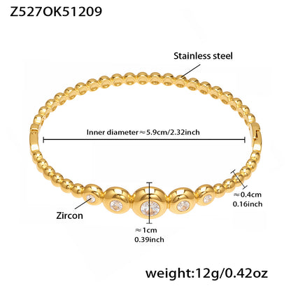 18k gold plated beaded 5a zircon stainless steel bracelet spec view, inner diameter 5.9cm, weight 12g