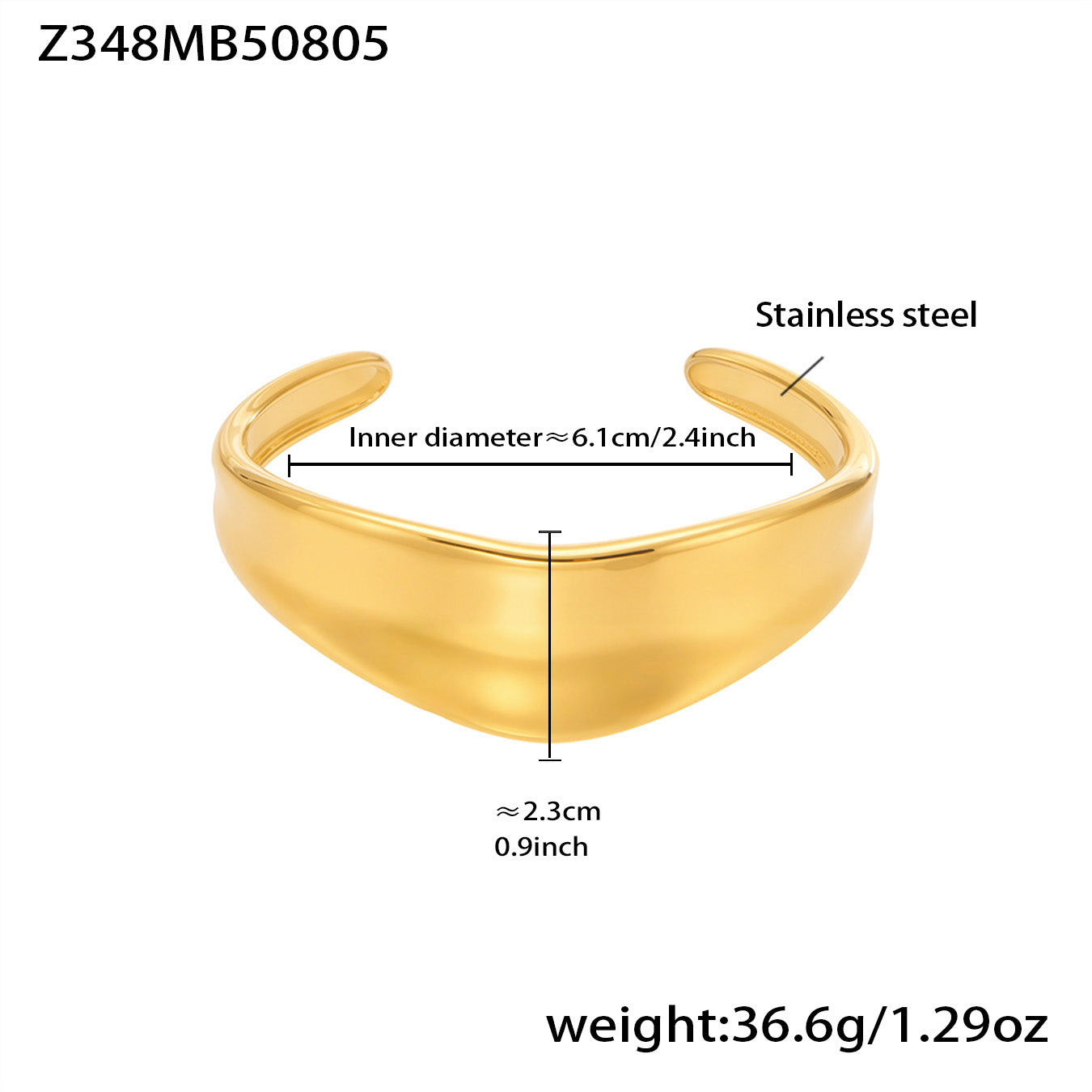 Gold 18k gold plated bold curved open bangle: extra-wide design 6.1cm inner diameter 36.6g weight