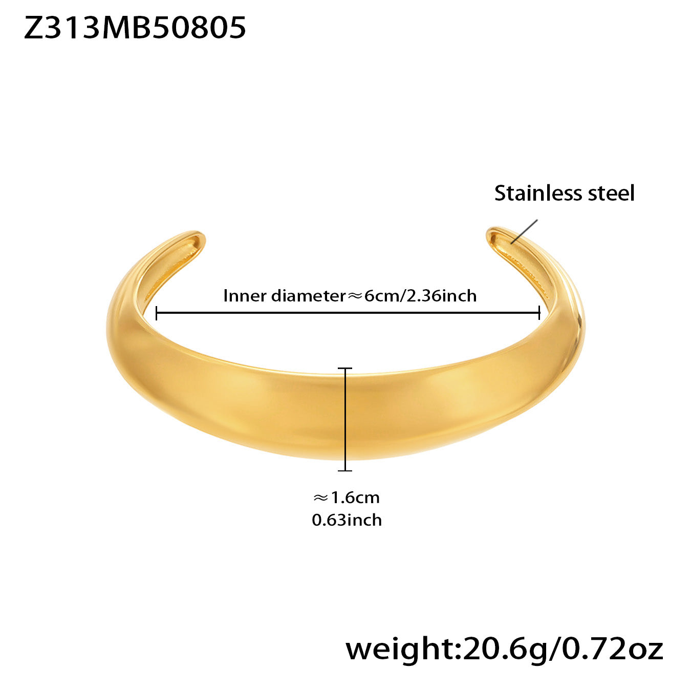 Gold 18k gold plated bold curved open bangle: wide design 6cm inner diameter 20.6g weight