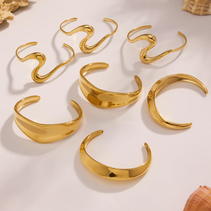 18k gold plated bold curved open bangle set, multi-piece gold display