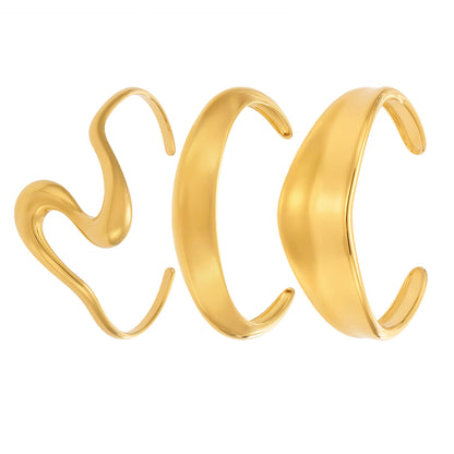 18k gold plated bold curved open bangle set, gold statement cuff bracelet collection