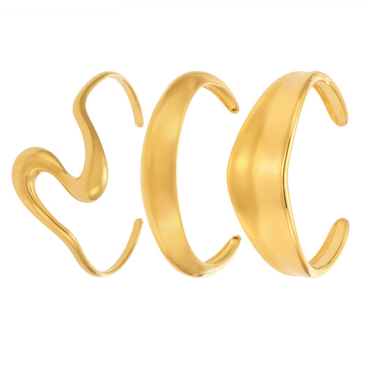 18k gold plated bold curved open bangle set, gold statement cuff bracelet collection