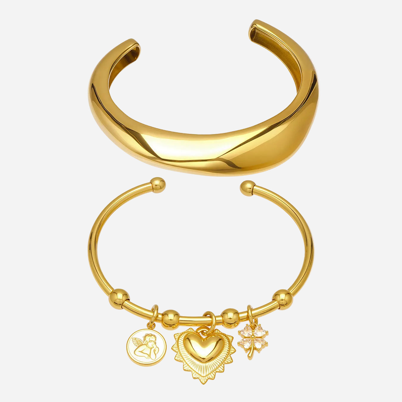 18k gold plated c-shaped polished stainless steel bracelet set, pendant and plain styles