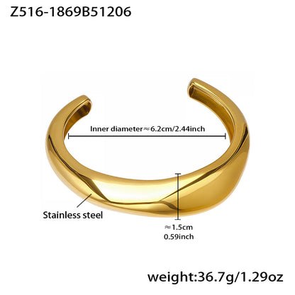 18k gold plated c-shaped polished stainless steel bracelet spec view, inner diameter 6.2cm, weight 36.7g