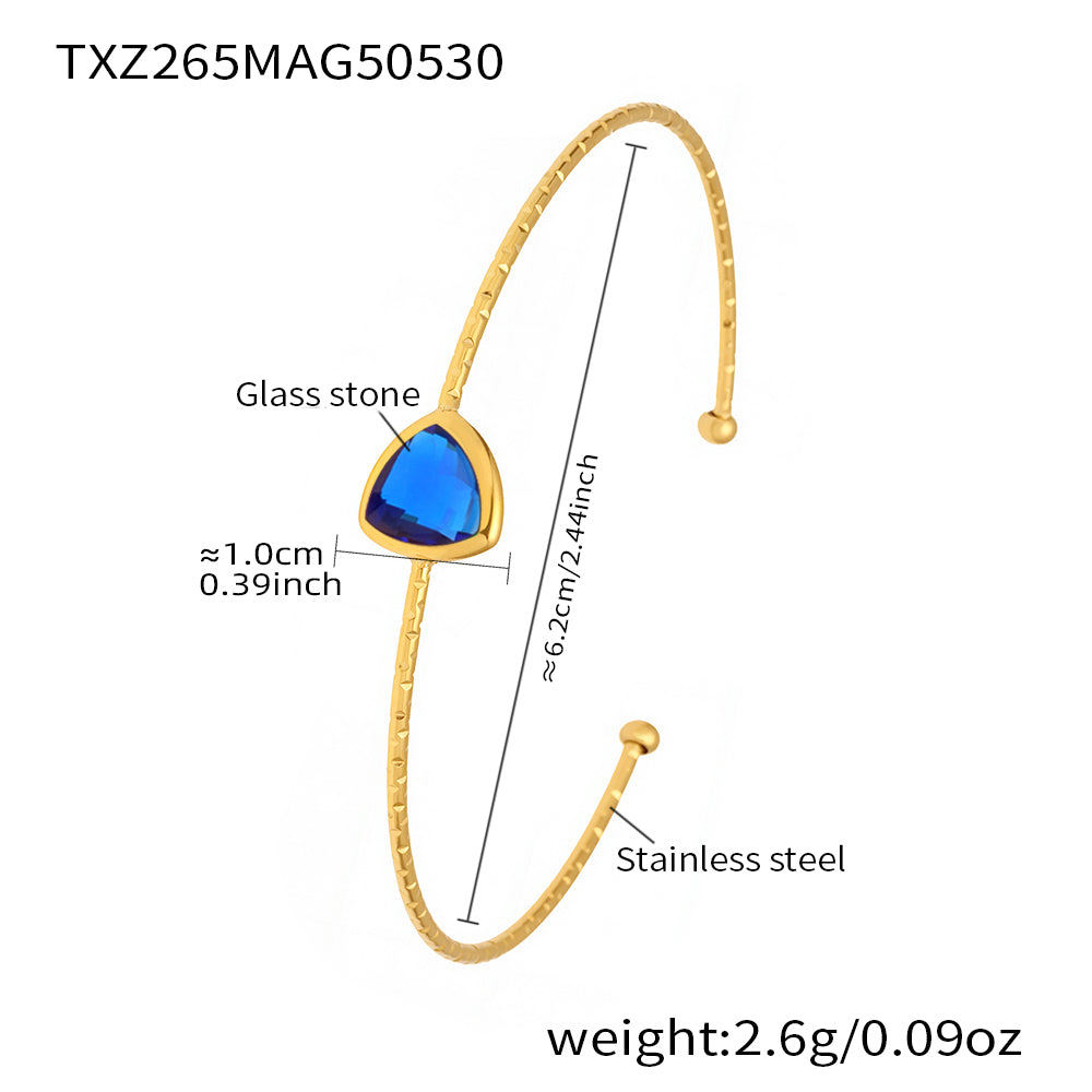 Dark blue 18k gold plated cut Czech glass open bangle: sparkling faceted stone detail