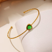 Green 18k gold plated cut Czech glass open bangle: sparkling faceted stone detail