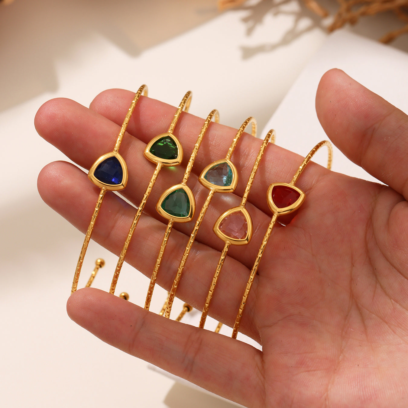 Handheld 18k gold plated cut Czech glass open bangle set: lightweight comfortable wear