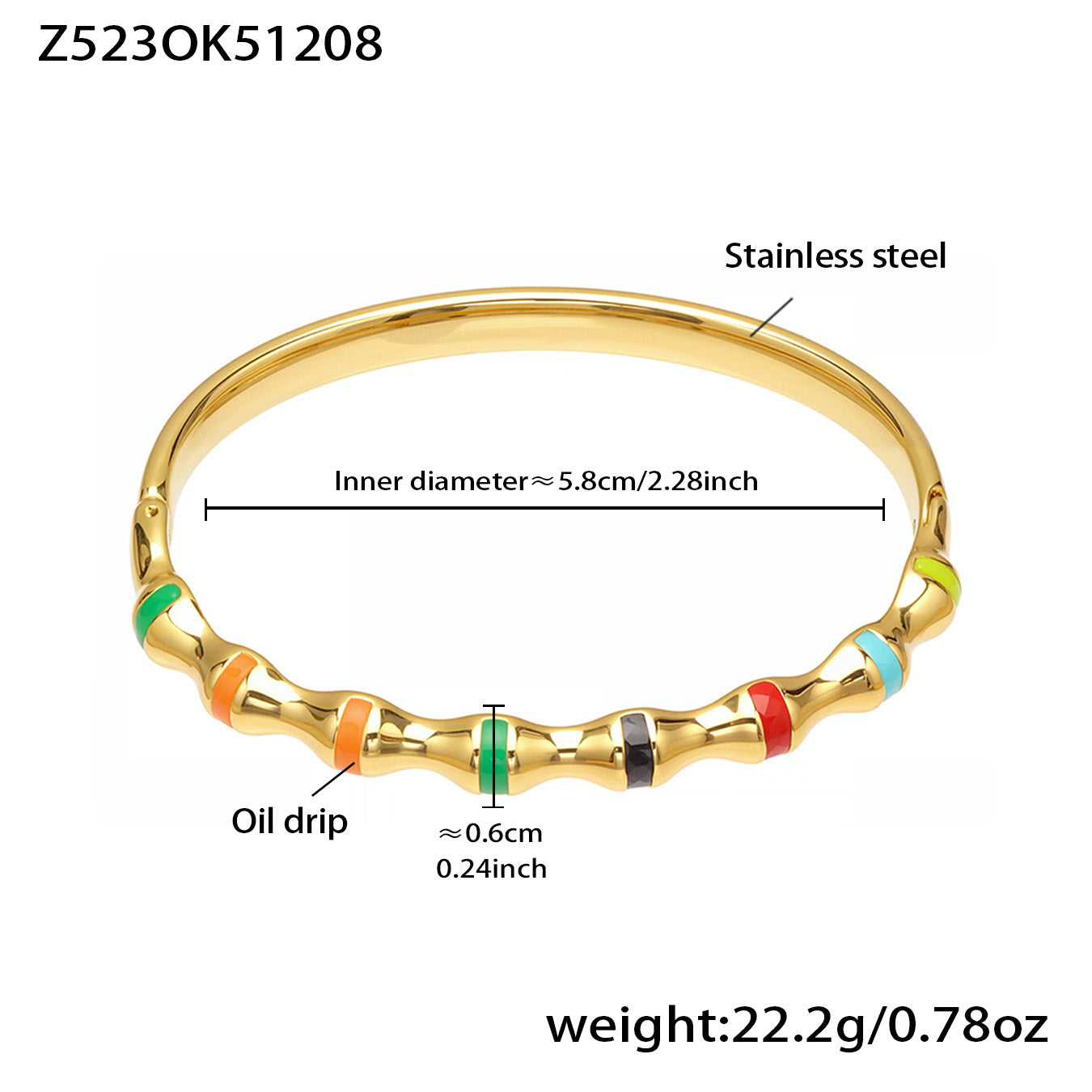 Gold 18k gold plated enamel clasp bangle: multi-color oil drip 5.8cm inner diameter 22.2g weight