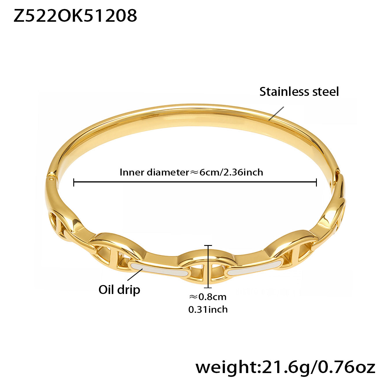 Gold 18k gold plated enamel clasp bangle: white oil drip 6cm inner diameter 21.6g weight