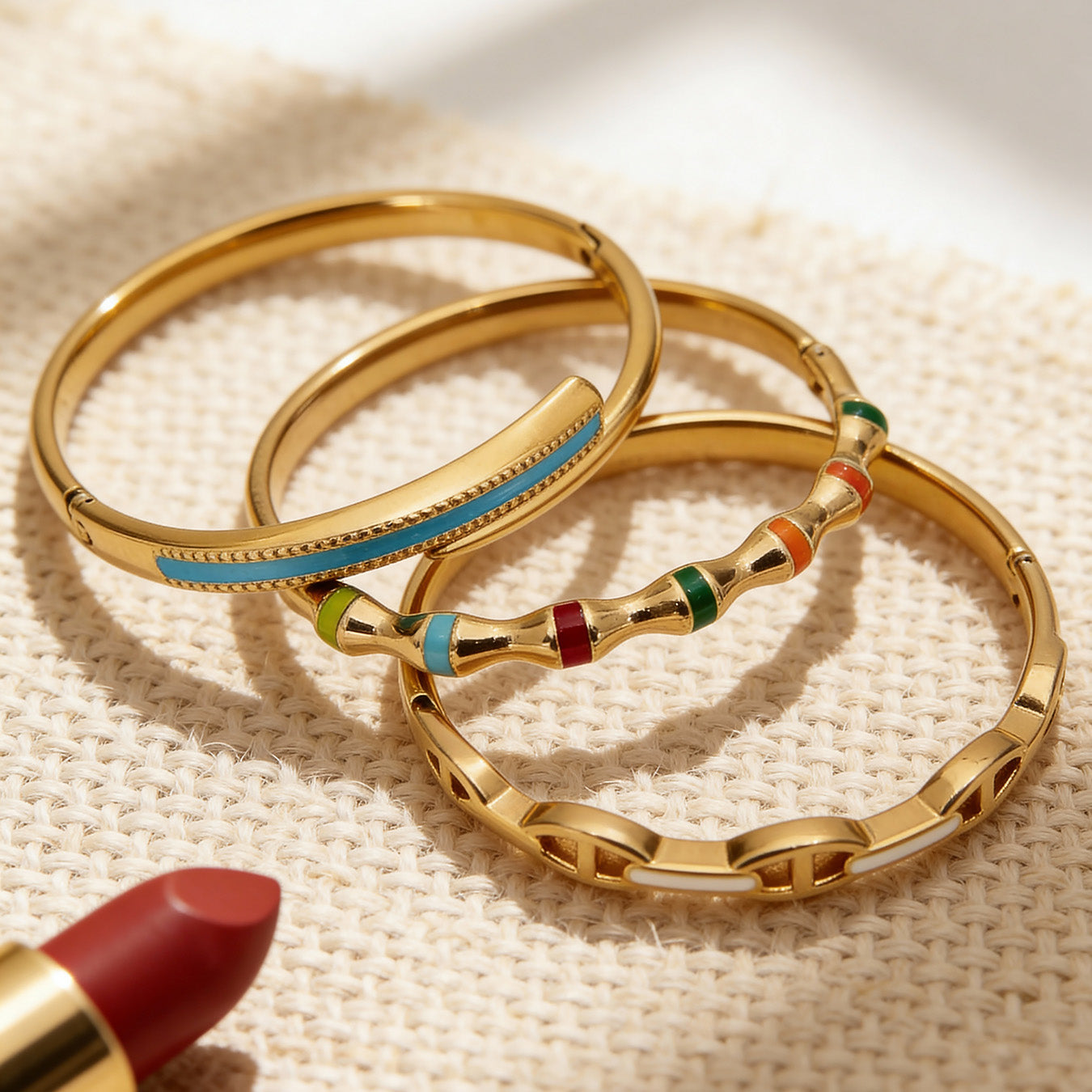 18k gold plated enamel clasp bangle set, multi-style gold stack display