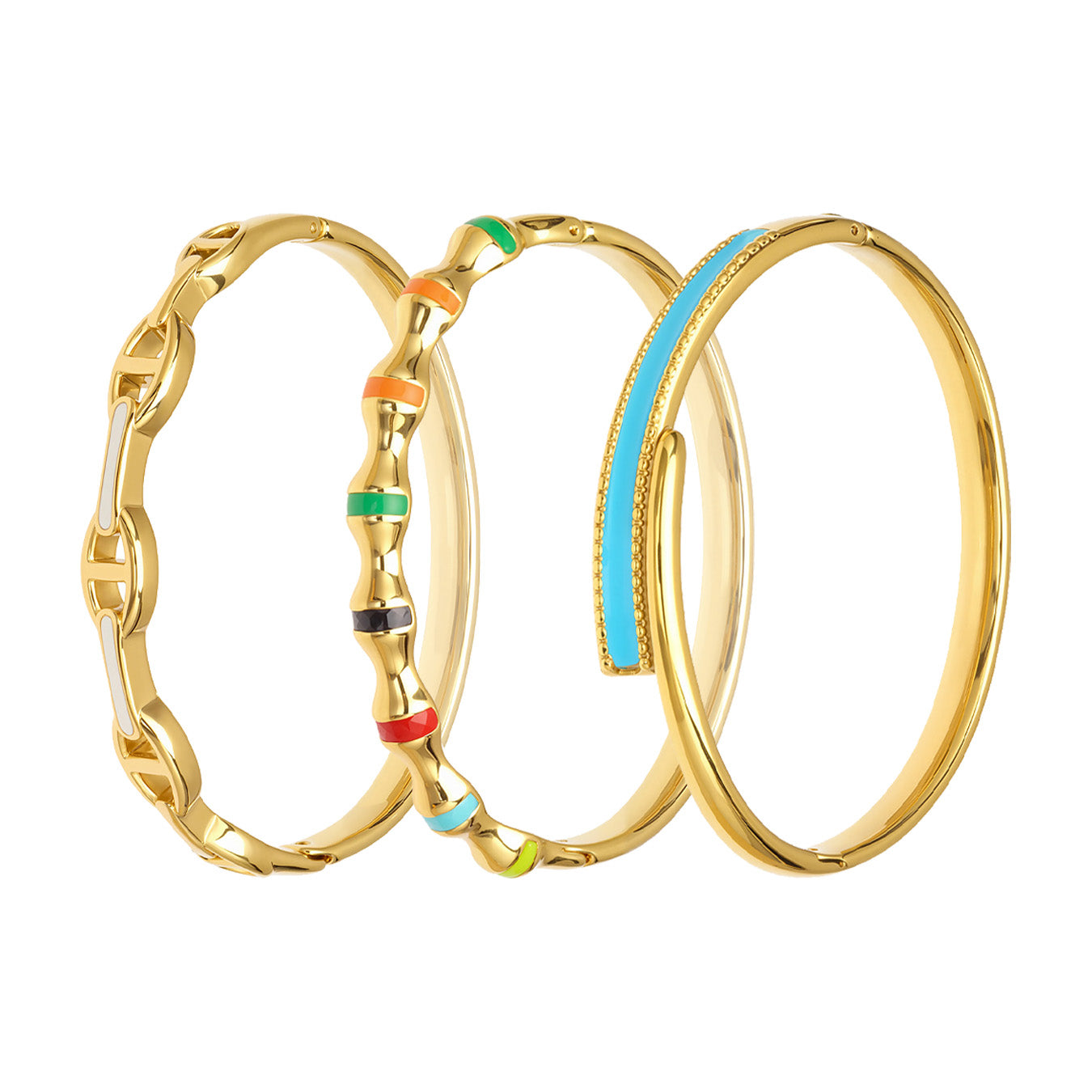 18k gold plated enamel clasp bangle set, gold collection white background