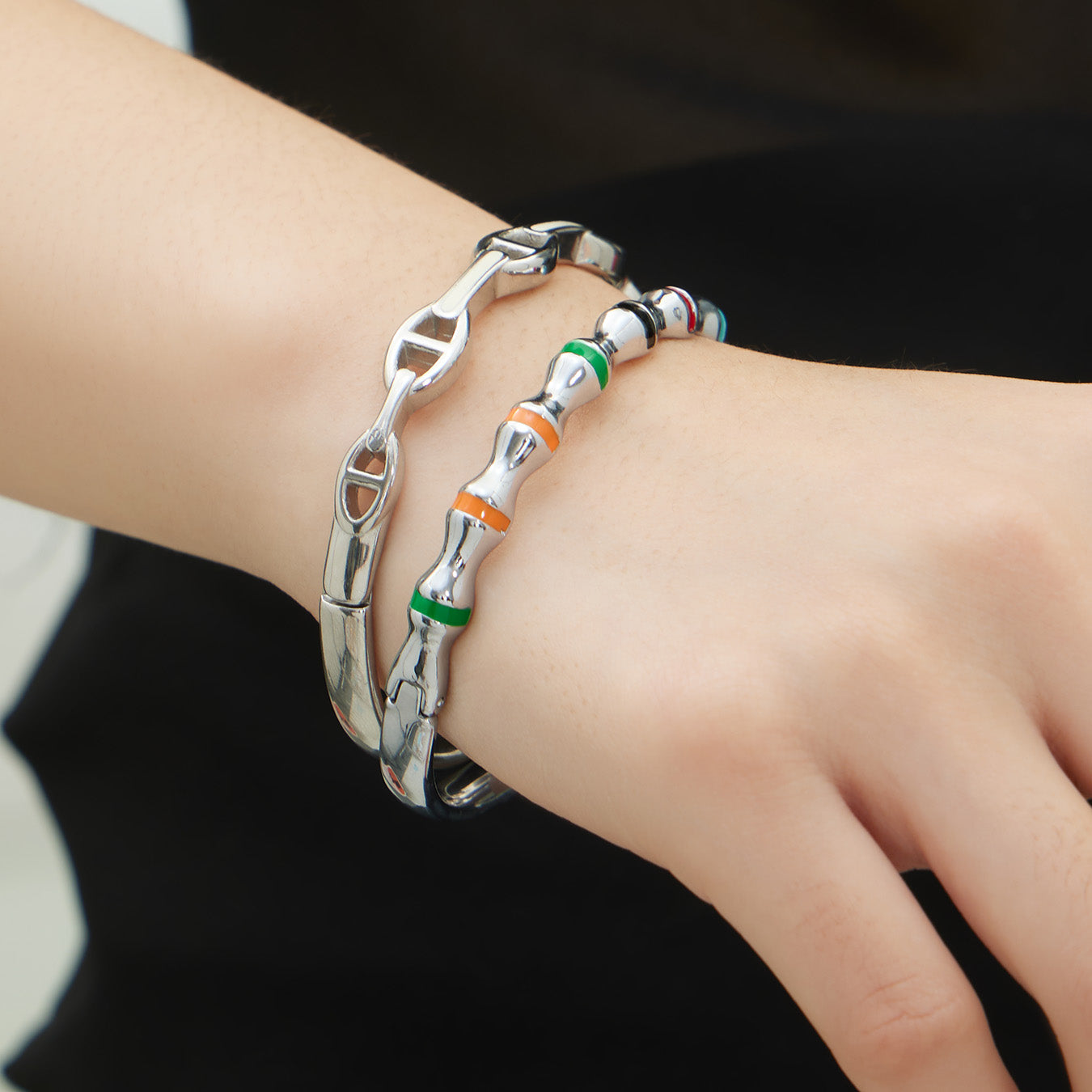 Silver 18k gold plated enamel clasp bangle set, on wrist display