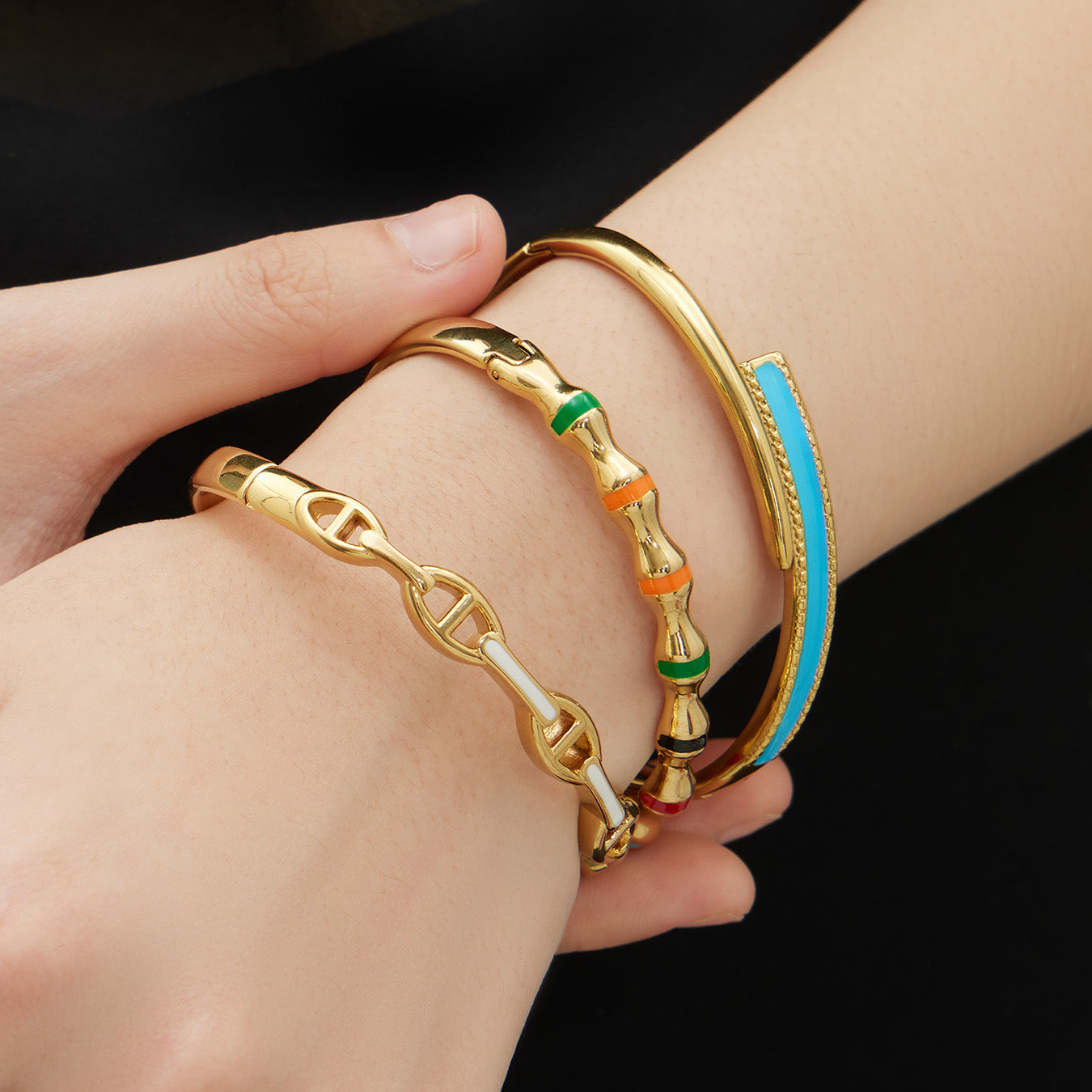 18k gold plated enamel clasp bangle set, single wrist stack closeup