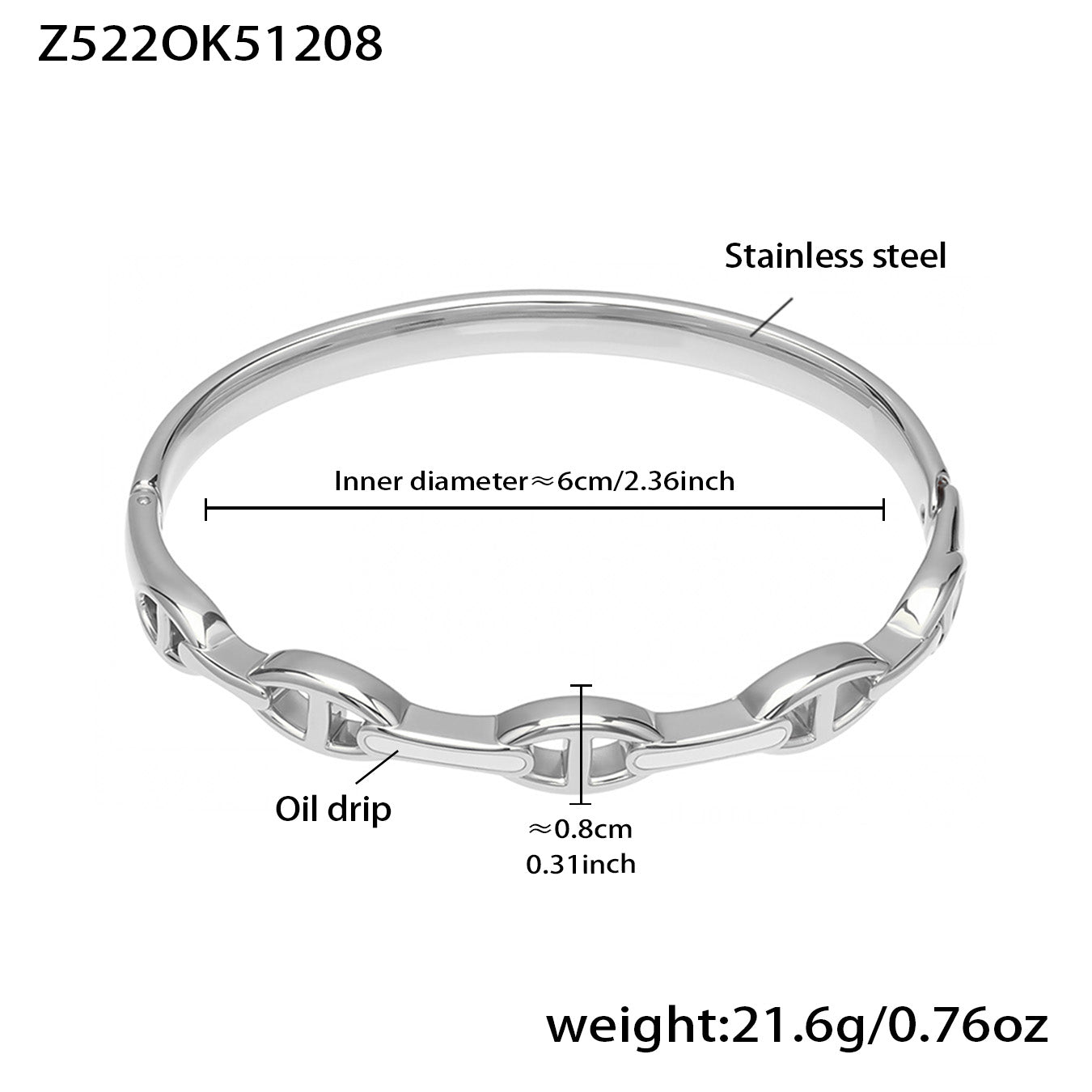 Silver 18k gold plated enamel clasp bangle: white oil drip 6cm inner diameter 21.6g weight