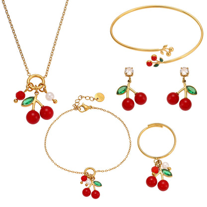 18k gold plated enamel red cherry jewelry set: necklace bracelet bangle ring earrings collection