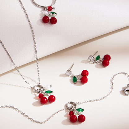 Silver 18k gold plated enamel red cherry jewelry set display on white background