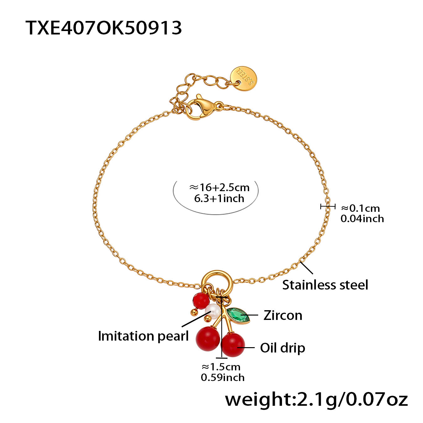 Gold 18k gold plated enamel red cherry zircon bracelet: 16+2.5cm length 2.1g weight