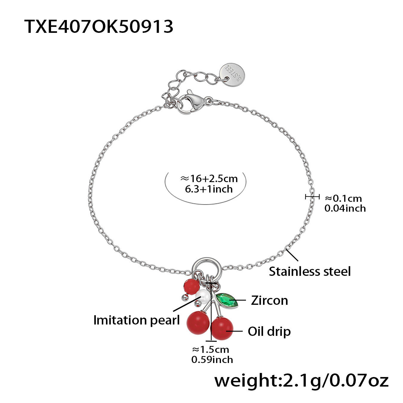 Silver 18k gold plated enamel red cherry zircon bracelet: 16+2.5cm length 2.1g weight