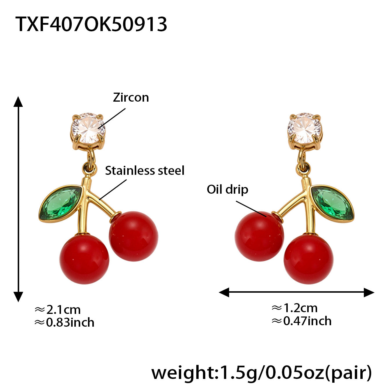 Gold 18k gold plated enamel red cherry zircon earrings: 2.1cm length 1.5g/pair weight