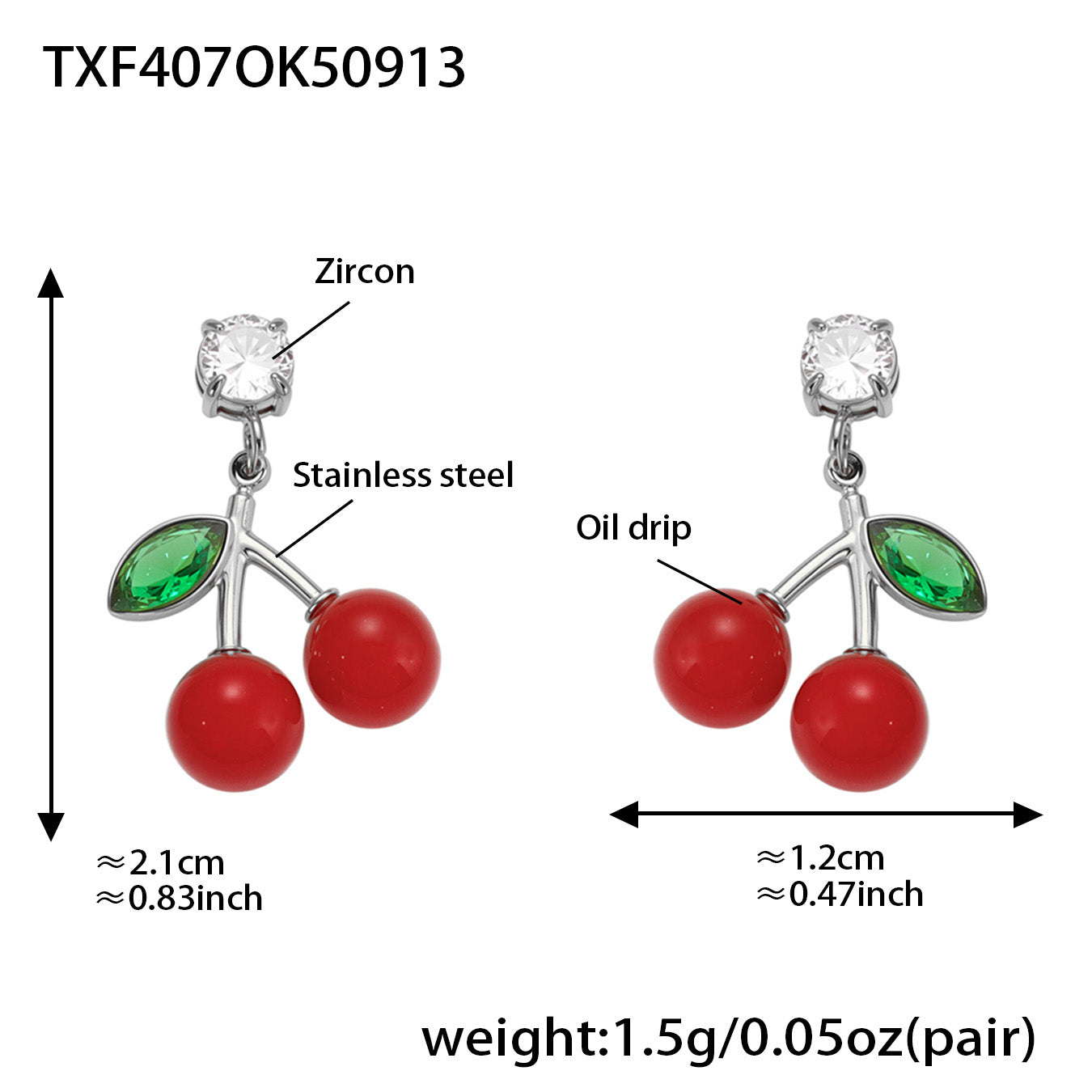 Silver 18k gold plated enamel red cherry zircon earrings: 2.1cm length 1.5g/pair weight