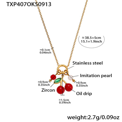 Gold 18k gold plated enamel red cherry zircon necklace: 38.5+5cm length 2.7g weight