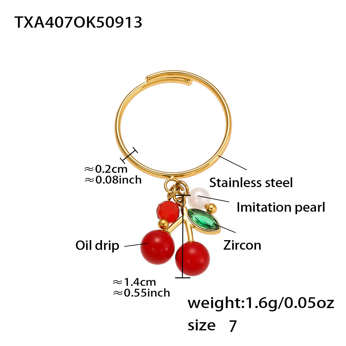 Gold 18k gold plated enamel red cherry zircon ring: size 7 1.6g weight