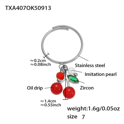 Silver 18k gold plated enamel red cherry zircon ring: size 7 1.6g weight