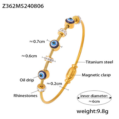 18K gold plated titanium steel evil eye enamel bracelet, 0.7cm evil eye, rhinestones, magnetic clasp, inner diameter 6cm, weight 9.8g