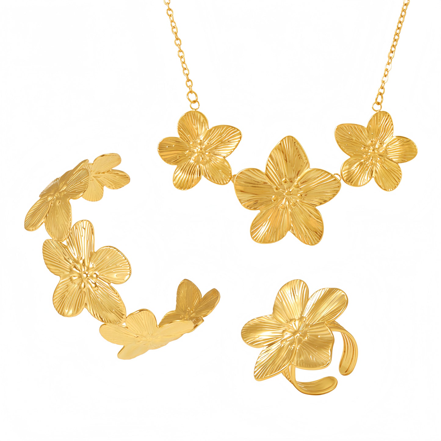 18k gold plated 3D flower jewelry set: ring, necklace, bangle collection