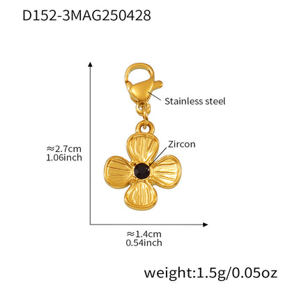 18k gold plated four-leaf clover charm with black zircon: 2.7cm length 1.5g weight, stainless steel lobster clasp for DIY jewelry