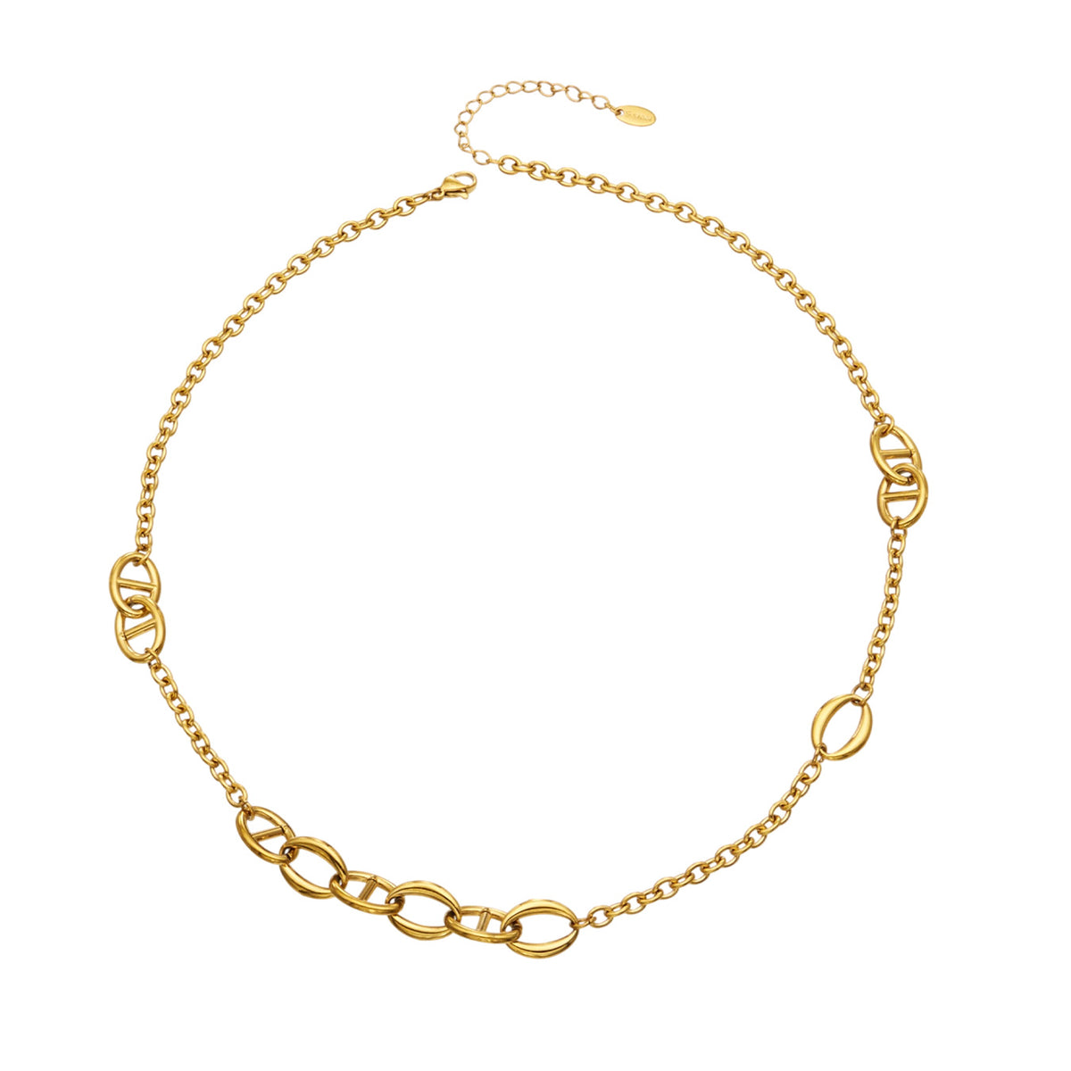 18K gold plated stainless steel geometric oval link necklace with mixed chain links
