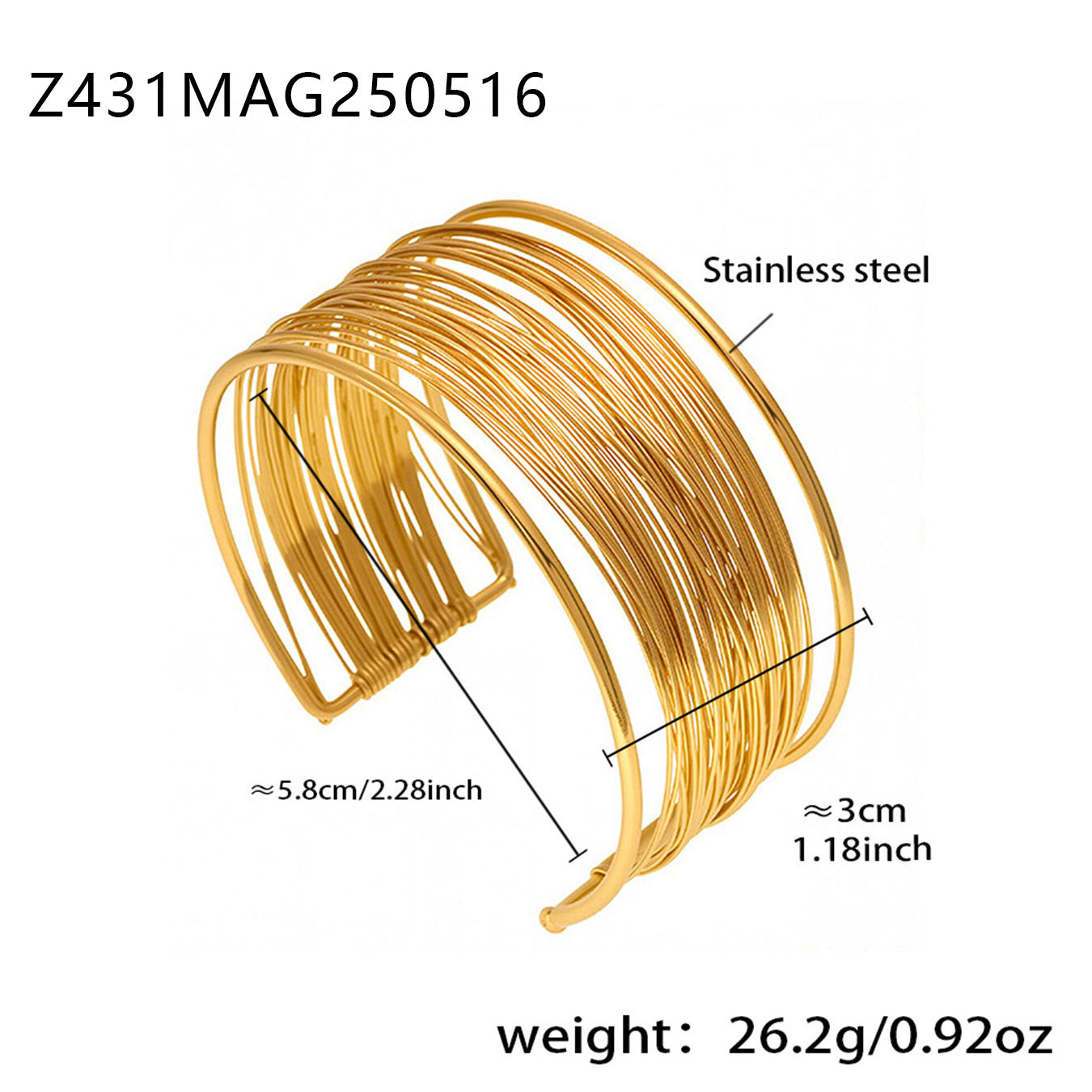 Gold 18k gold plated hand-wrapped brushed bangle: 5.8cm inner diameter 26.2g weight