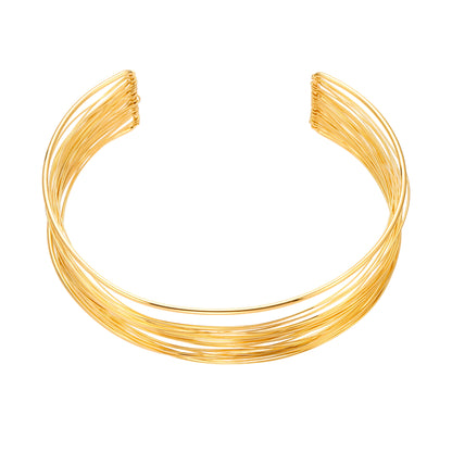18k gold plated hand-wrapped brushed collar necklace: bold statement design on white background
