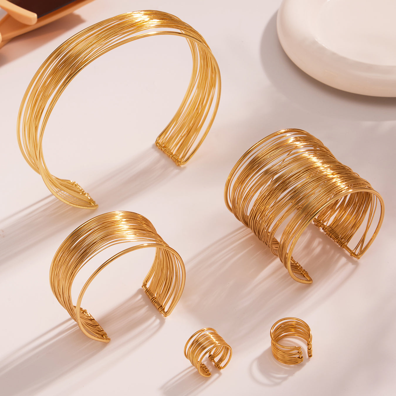 18k gold plated hand-wrapped brushed jewelry set: collar necklace bangle ring collection