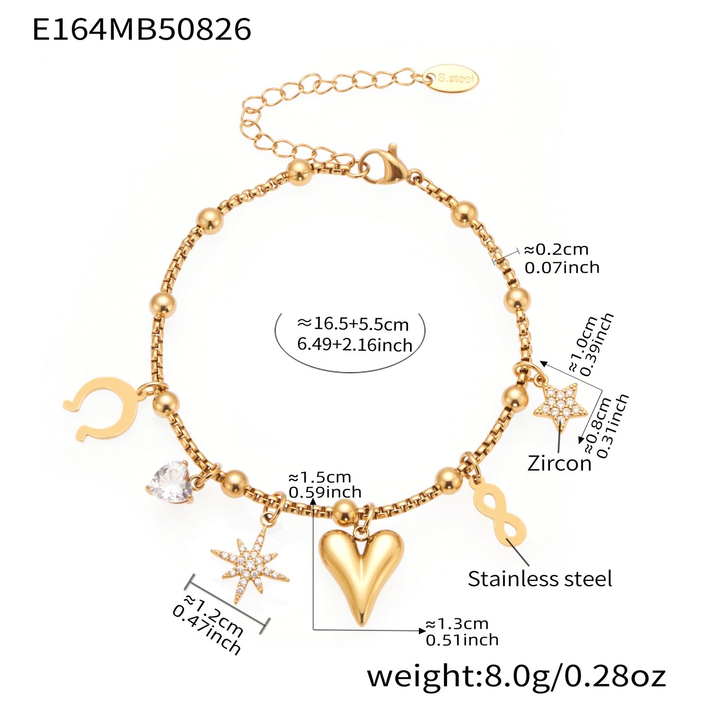 18k gold plated heart star moon zircon charm bracelet: 16.5+5.5cm adjustable length 8.0g weight, stainless steel with sparkling zircon accents