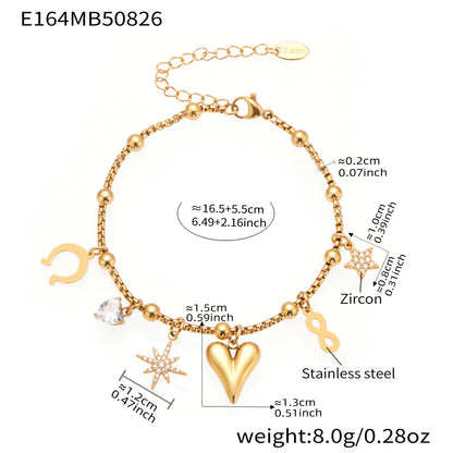 18k gold plated heart star moon zircon charm bracelet: 16.5+5.5cm adjustable length 8.0g weight, stainless steel with sparkling zircon accents