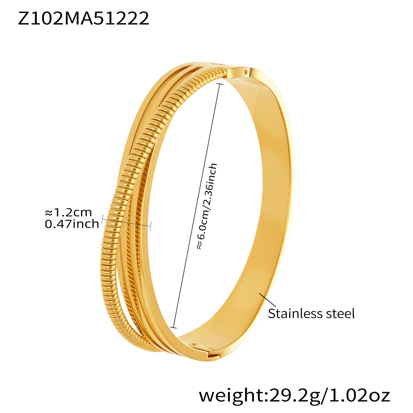 Gold 18k gold plated irregular geometric bangle: thread design 6.0cm inner diameter 29.2g weight