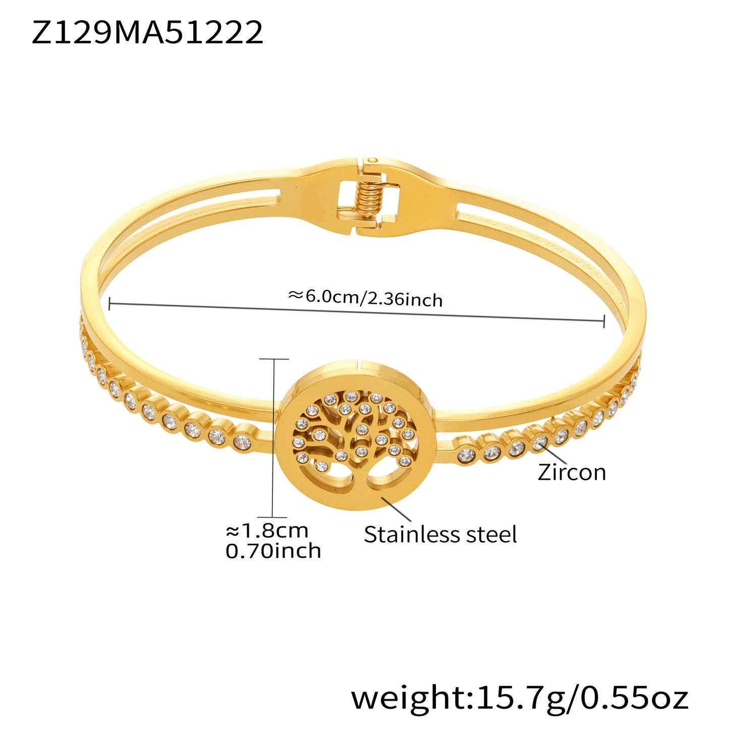 Gold 18k gold plated irregular geometric bangle: zircon tree of life 6.0cm inner diameter 15.7g weight