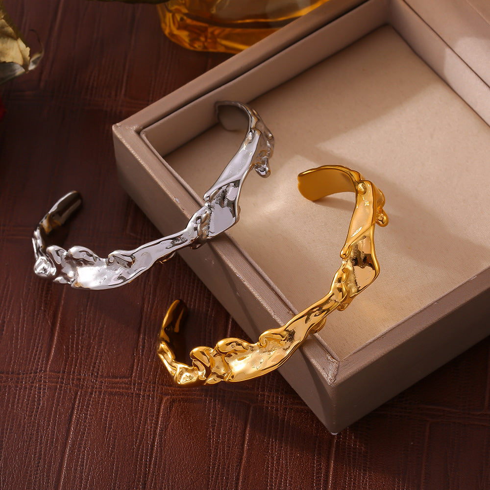18K gold plated & silver irregular hammered wave bangle, placed in gift box, personalized open women's bracelet