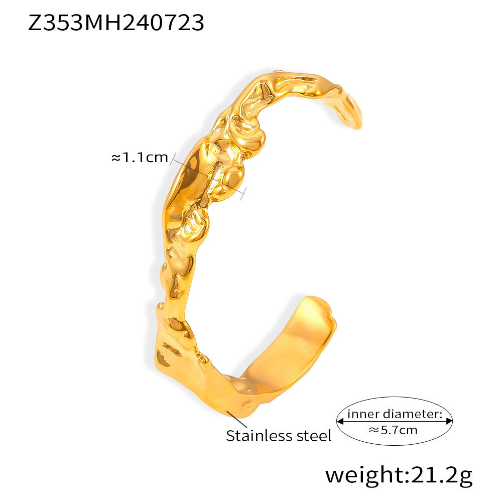 18K gold plated stainless steel bangle (Z353MH240723), irregular hammered wave design, inner diameter 5.7cm, weight 21.2g