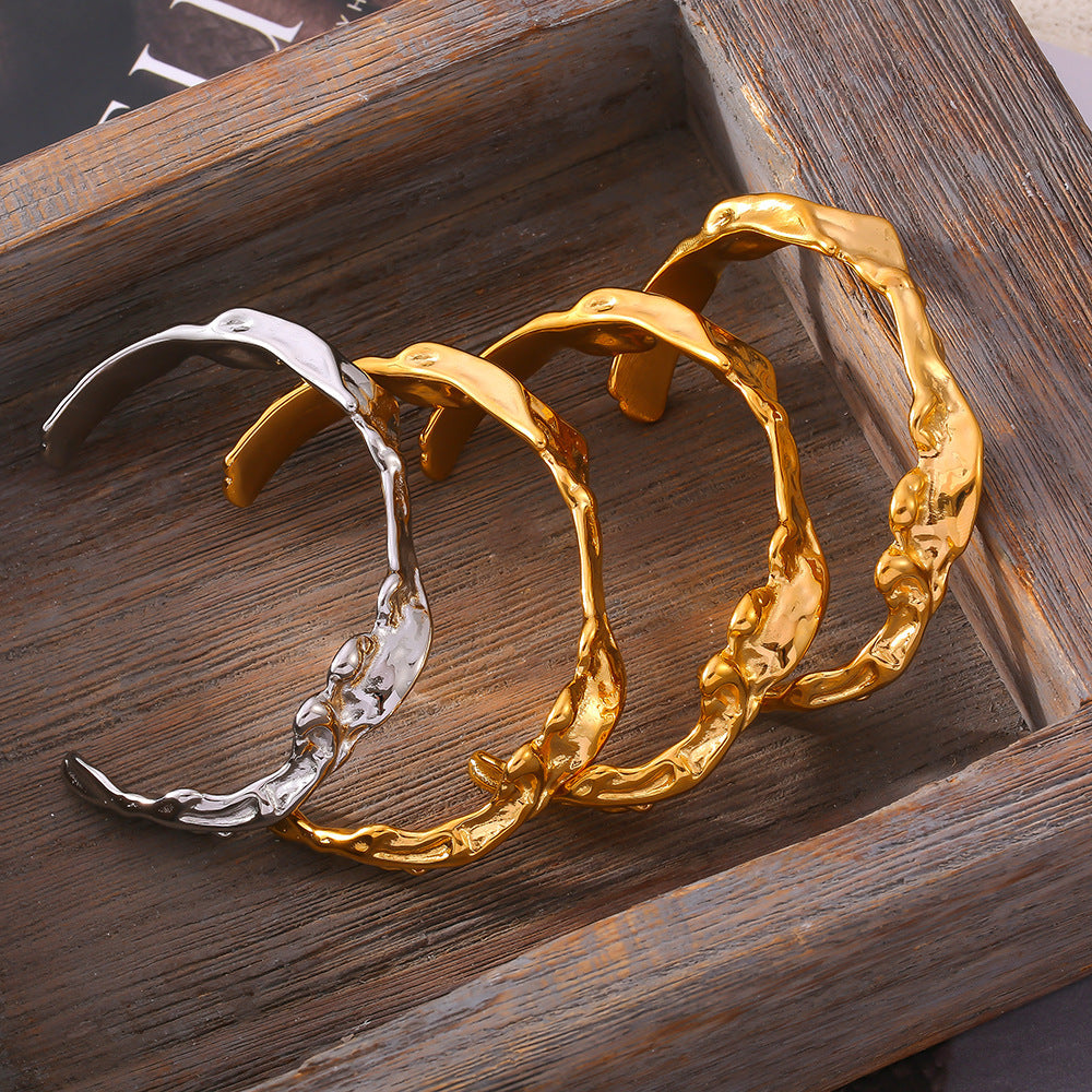 18K gold plated & silver stainless steel irregular hammered wave bangle set, displayed in wooden tray, personalized open women's jewelry