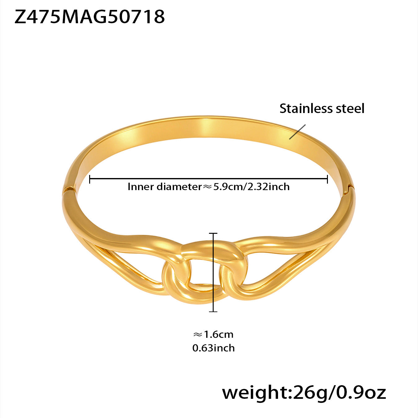 Gold 18k gold plated double knot bangle: 5.9cm inner diameter 26g weight